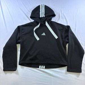 Adidas Womens Cropped Hoodie Black White 3 Stripe Pullover Sweatshirt Size XS